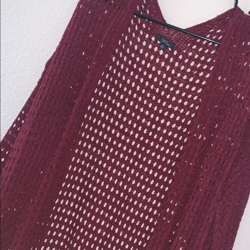 Netted long sleeve cardigan burgundy knee length